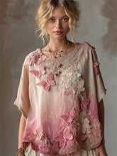 Load image into Gallery viewer, Pink Butterflies Embroidered Gradient Flowy Linen Shirt