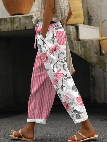 Women's Vintage Floral Stripes Print Casual Pants