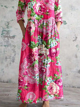 Load image into Gallery viewer, Women&#39;s Art Rose Floral V Neck Cotton and Linen Dress With Pockets