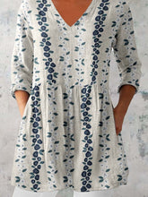 Load image into Gallery viewer, Women's Elegant Floral Pattern Round Neck Cotton and Linen Top
