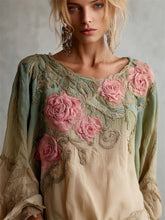 Load image into Gallery viewer, Vintage Pink Roses Glitter Embroidered Forest Gradient Linen Tunic