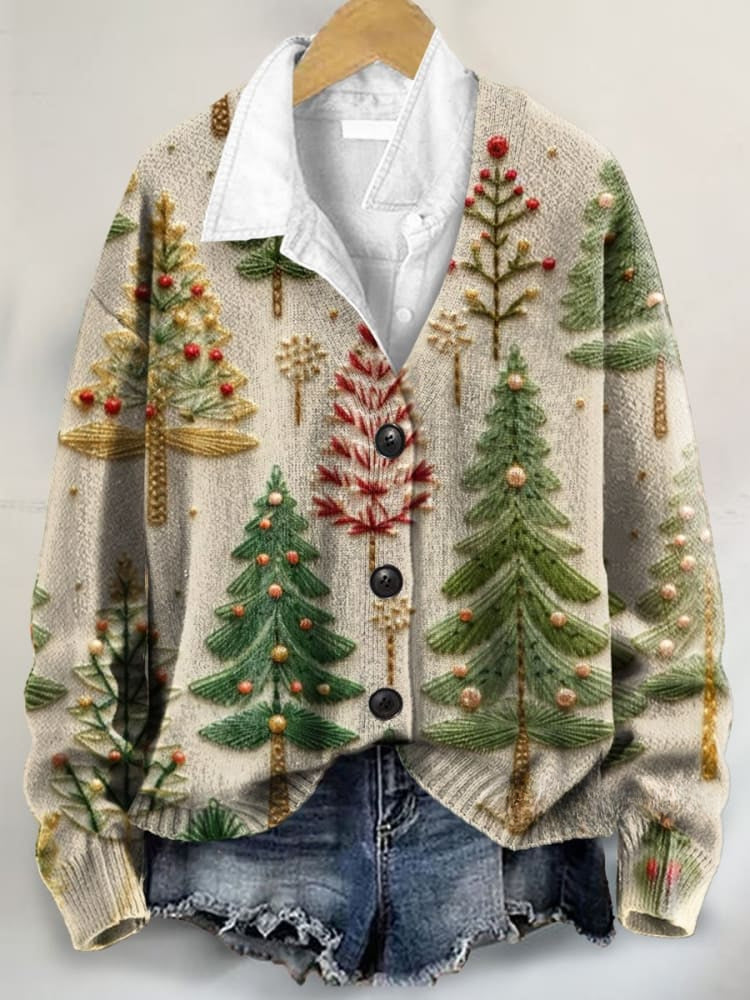 Christmas Tree 3D Art Print Buttoned V-neck Cardigan Sweater