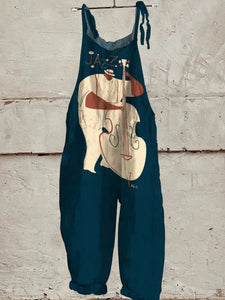 Decorative Pattern of Jazz Cellist Playing Casual 100% Cotton Wide Leg Jumpsuit