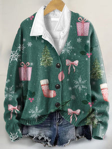 Christmas Pattern Art Print Buttoned V-neck Cardigan Sweater