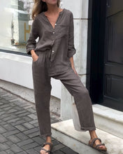 Load image into Gallery viewer, Casual Solid Color V-Neck Shirt &amp; Pants Cotton Linen Two-Piece Set