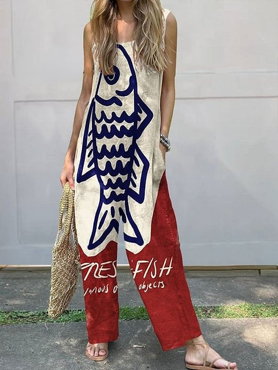 Women's Vintage Fish Art Print Casual 100% Cotton Wide Leg Jumpsuit