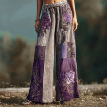 Load image into Gallery viewer, Purple Roses Embroidered Patchwork Comfy Linen Pants