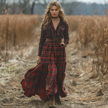 Load image into Gallery viewer, Women's Retro V-neck Plaid Long-sleeve Bohemian Pastoral Style Maxi Long Dress