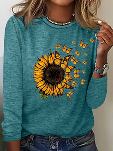 Women's Butterfly Sunflower Print Casual Long Sleeve Shirt