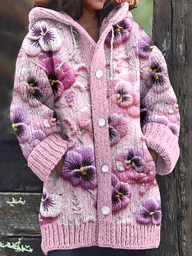 Pansy Flower Embroidery Pattern Cozy Hooded Cardigan