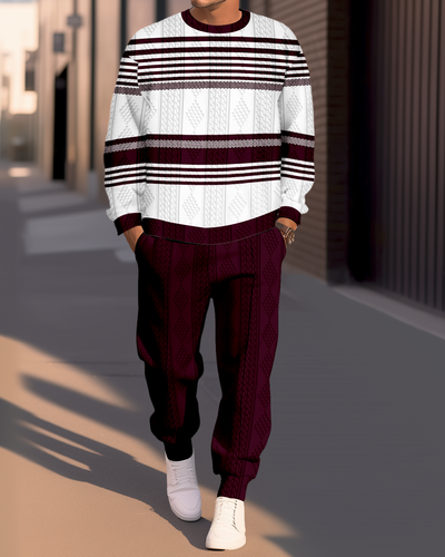 Men's Textured Jacquard Round Neck Casual Sports Set 005