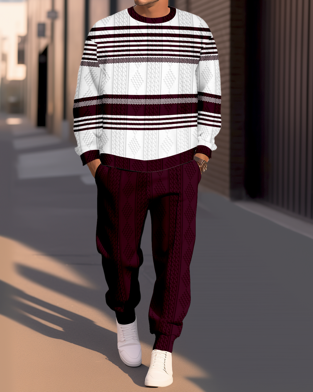 Men's Textured Jacquard Round Neck Casual Sports Set 005