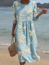Load image into Gallery viewer, Women's Casual  Round Neck Mid Sleeve Print Cotton and Linen Dress
