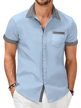 Load image into Gallery viewer, Men's summer cotton and linen houndstooth solid color short-sleeved shirt