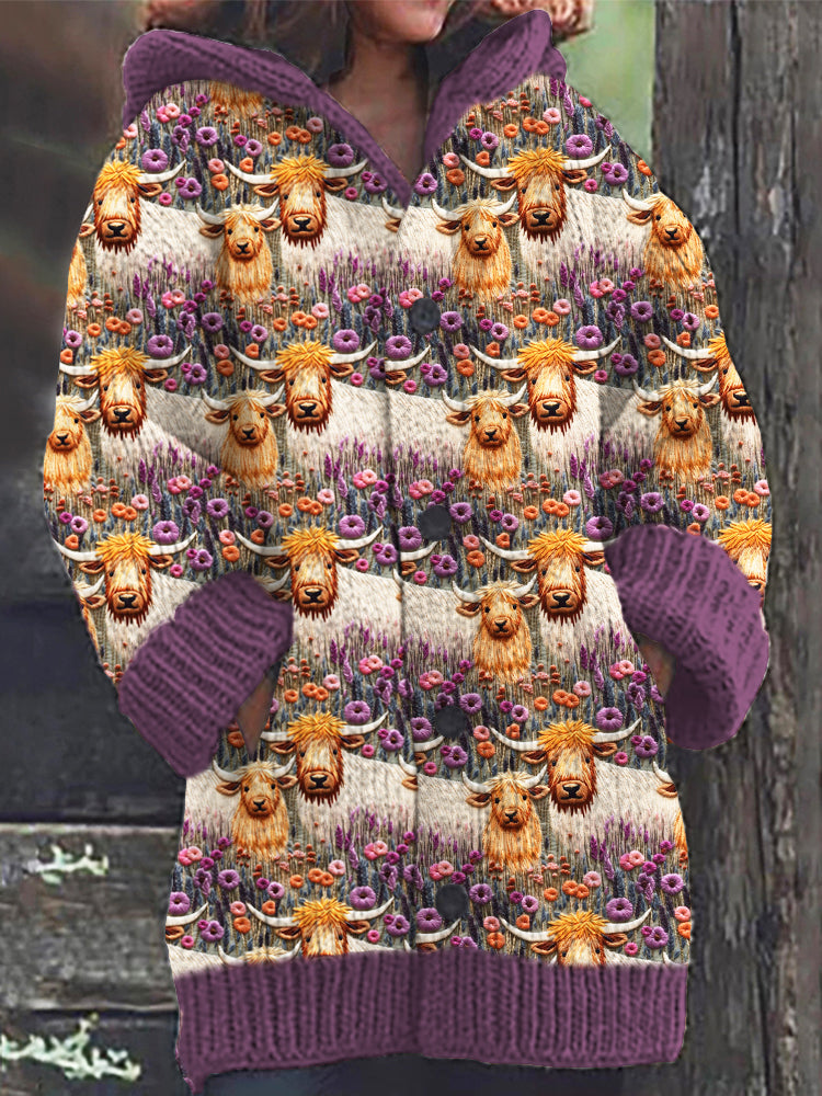 Highland Cow & Floral Embroidery Cozy Knit Cardigan