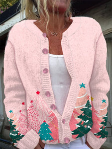 Women's Pink Christmas Tree Print Sweater Cardigan