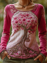 Load image into Gallery viewer, Viking Pink Tree Of Life Embroidered Women's Linen Long Sleeve Shirt