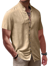 Load image into Gallery viewer, Men's Summer Retro Solid Color Stand Collar Button-Down Short Sleeve Shirt