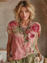 Load image into Gallery viewer, Vintage Floral Embroidered Crew Neck T-shirt