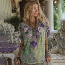 Load image into Gallery viewer, Classy Gradient Purple Lavender And Floral Embroidered Linen Short Sleeve T-shirt