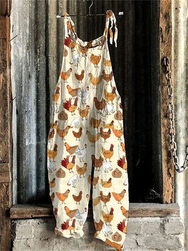 Women's Farm Chicken Print Linen Blend Casual Jumpsuit