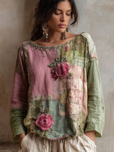 Load image into Gallery viewer, Vintage Pink Roses Embroidered Patchwork Linen Shirt