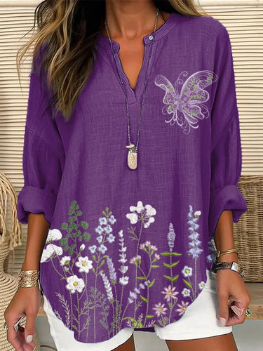 Women's Purple Flower And Butterfly Print Shirt