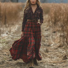 Load image into Gallery viewer, Women's Retro V-neck Plaid Long-sleeve Bohemian Pastoral Style Maxi Long Dress