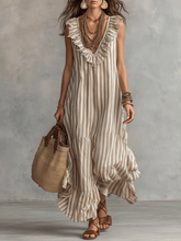 Load image into Gallery viewer, Relaxed Bohemian Ruffle-Trim Striped Maxi Dress