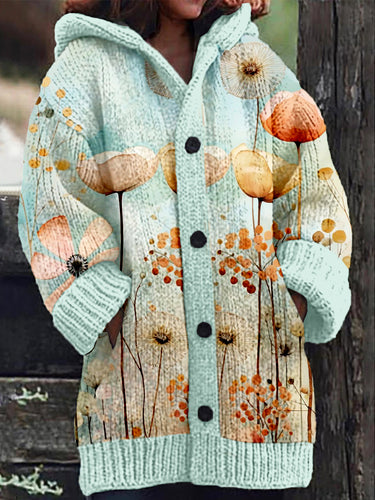 Pretty Flowers Art Pattern Cozy Knit Hooded Cardigan