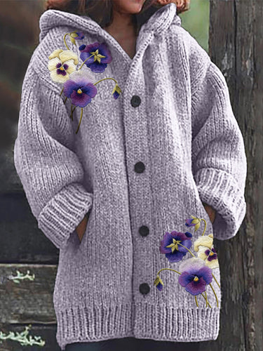 Pansy Flowers Embroidery Cozy Knit Hooded Cardigan