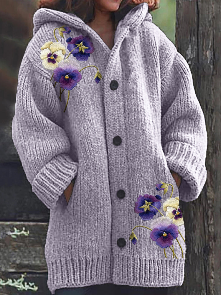 Wearshes Pansy Flowers Embroidery Cozy Knit Hooded Cardigan