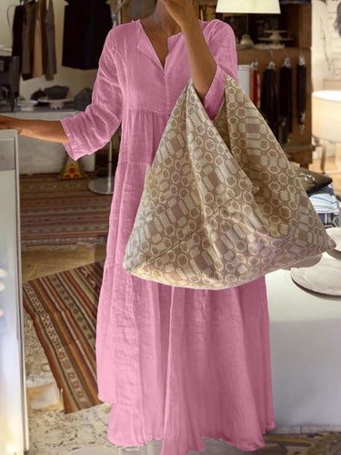 Casual Solid Color Cotton Linen 3/4 Sleeve V-Neck Long Dress