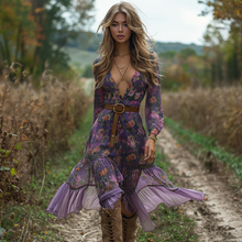 Load image into Gallery viewer, Women's Retro V-neck Floral Long-sleeve Bohemian Pastoral Style Maxi Long Dress
