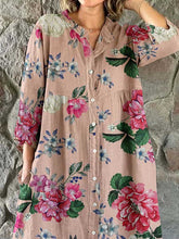 Load image into Gallery viewer, Women's Elegant Vintage Floral Print Shirt Style Cotton and Linen Dress