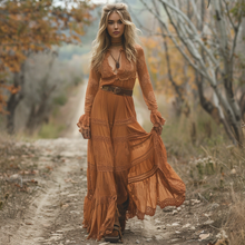Load image into Gallery viewer, Women's Retro V-neck Country Pastoral Linen Style Long-sleeve Casual Maxi Long Dress