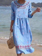 Load image into Gallery viewer, Women's Casual  Round Neck Mid Sleeve Print Cotton and Linen Dress