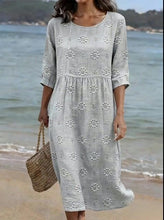 Load image into Gallery viewer, Women's Casual  Round Neck Mid Sleeve Print Cotton and Linen Dress