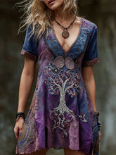 Load image into Gallery viewer, Viking Tree Of Life Embroidered Boho Women's V-neck Short Sleeve Mini Dress