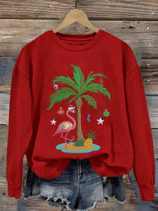 Women's Christmas Palm Tree Flamingo Embroidery Print Casual Sweatshirt