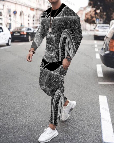 Men's casual color-block print color-block long-sleeved sports set 021