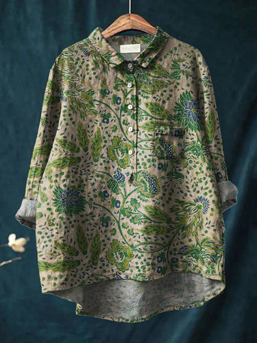 Women's Floral Art Print Casual Cotton And Linen Shirt