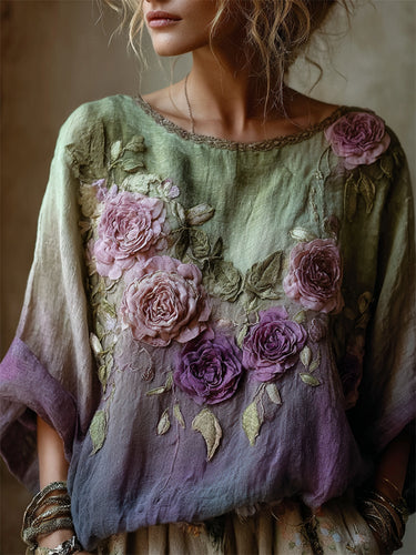 Vintage Roses Fiber Art Gradient Flowy Linen Tunic