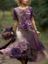 Load image into Gallery viewer, Classy Purple Patchwork And Floral Embroidered Art Linen Maxi Dress
