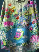 Load image into Gallery viewer, Vintage Lovely Cat Floral Art Print Casual Cotton And Linen Shirt
