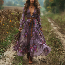 Load image into Gallery viewer, Women's Retro V-neck Floral Long-sleeve Bohemian Pastoral Style Maxi Long Dress