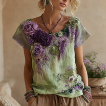 Load image into Gallery viewer, Vintage  Boho Purple Floral Embroidered Linen Short Sleeve T-shirt