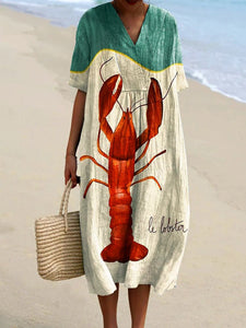 Women's Vintage Fish Lobster Art Print Flowy Dress