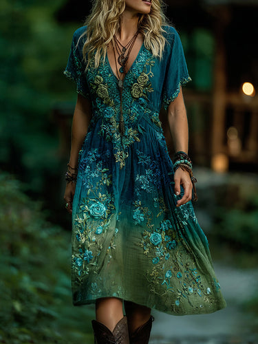 Vintage Gradient Blue Rose And Floral Embroidered Linen Maxi Dress