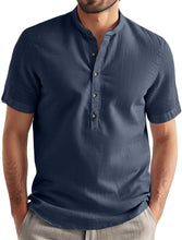 Load image into Gallery viewer, Men's summer cotton and linen stand collar solid color short-sleeved shirt